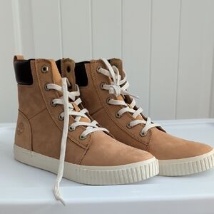 Timberland Nubuck High-Top Sneakers in Tan with White Soles
